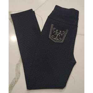 Fashion Navy Blue Embroidered Pull-on Dress Pants Leggings Pockets Women's S/M